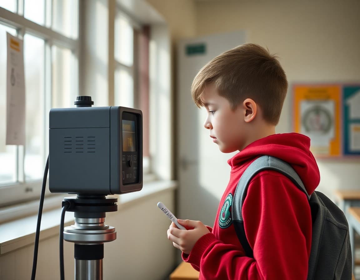 Student recording temperature and wind speed data at school weather monitoring station