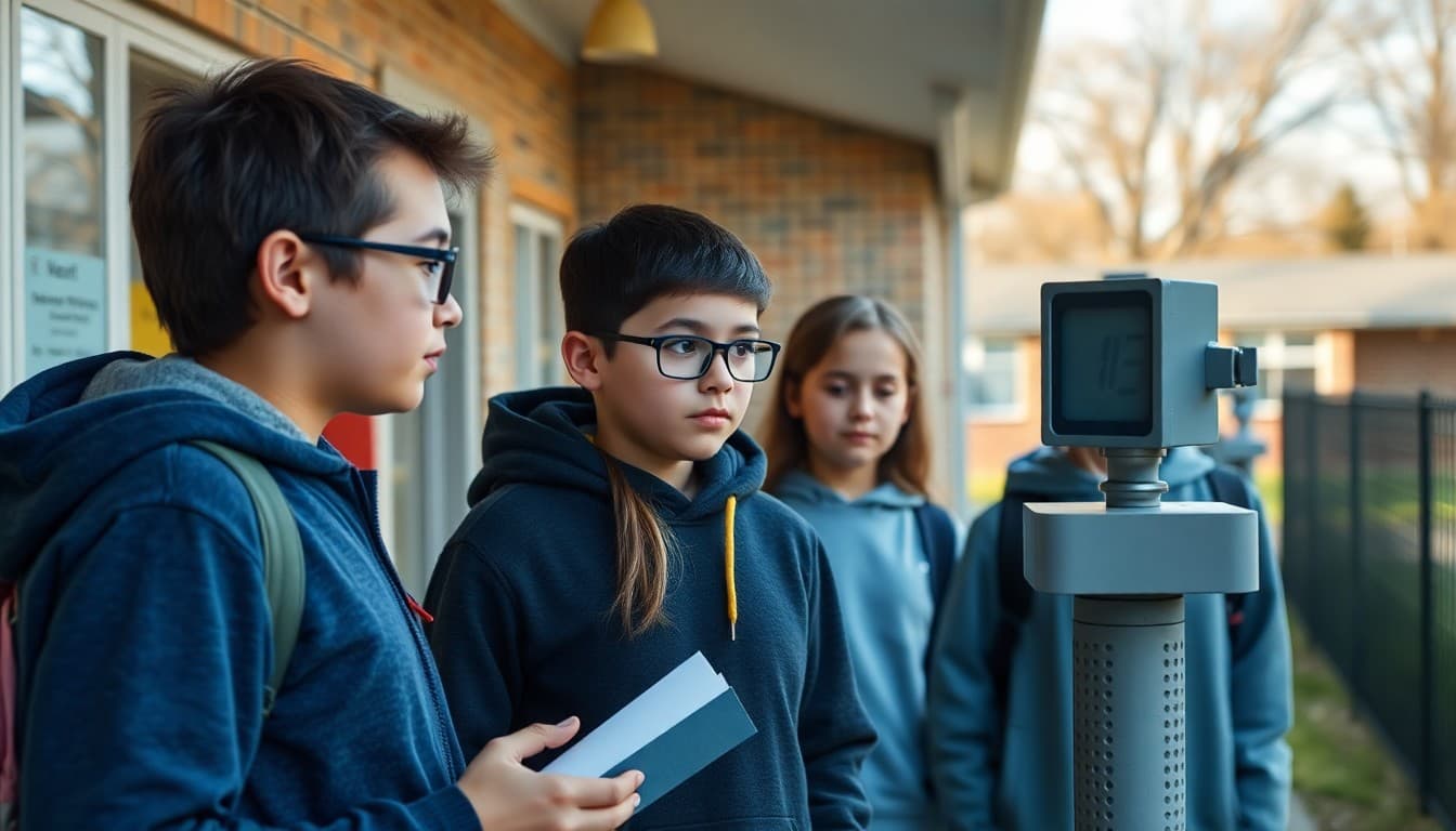 Students checking school weather station readings for science class outdoors