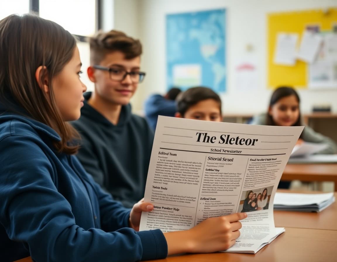 Student-edited school newsletter showing masthead, story lineup, and editorial team roles