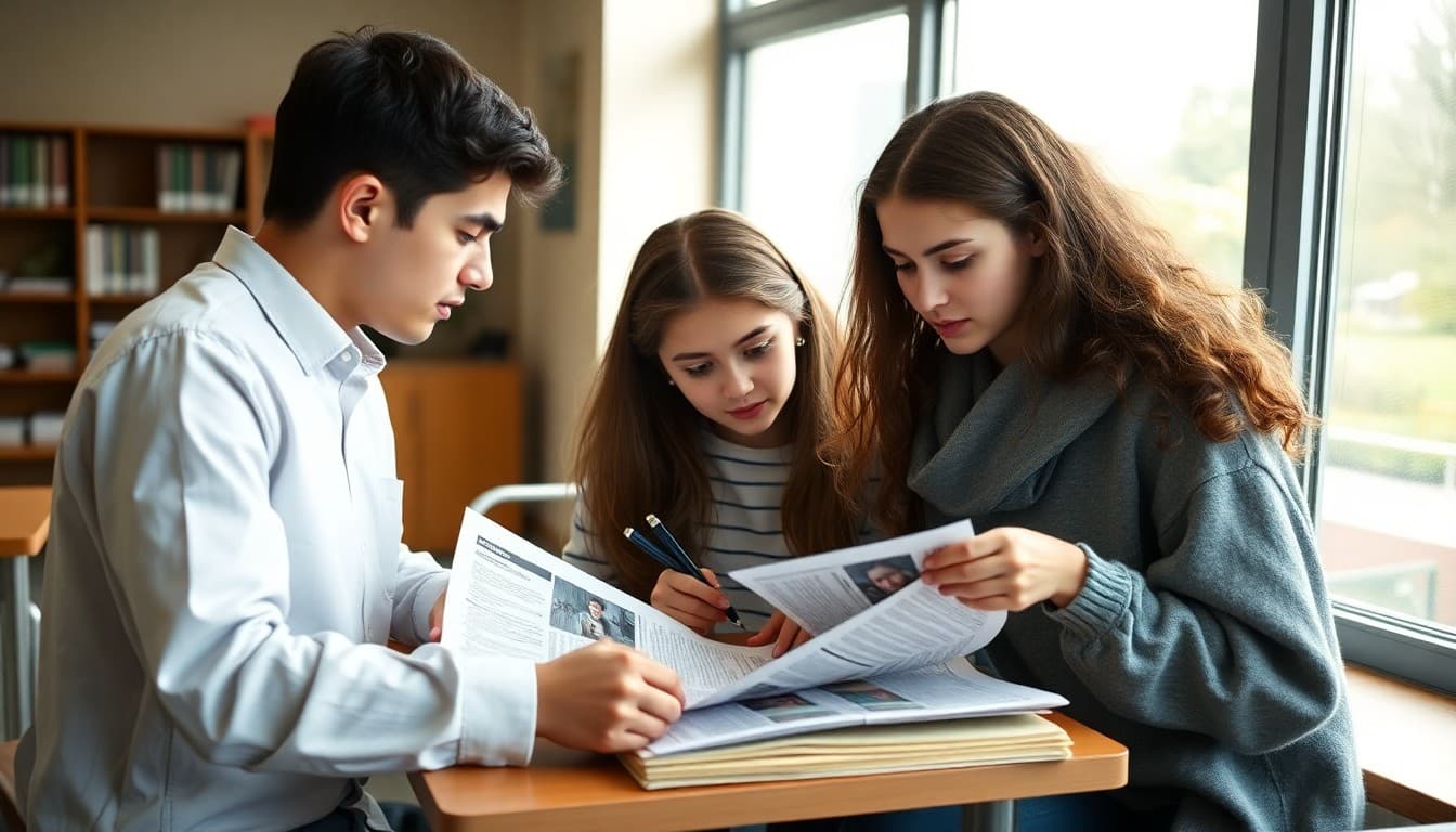 Student editors reviewing newsletter layout together at a school publication workspace