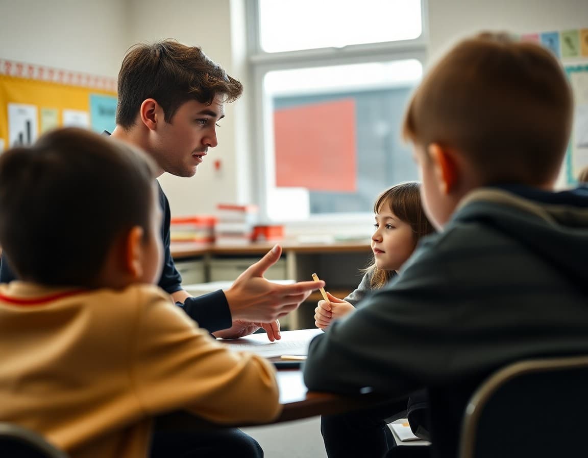 High school student teaching a lesson to younger students as part of a school mentorship program