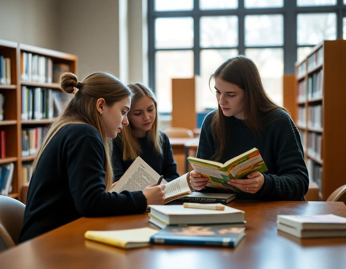 Literary magazine student editors reviewing creative writing submissions in school library