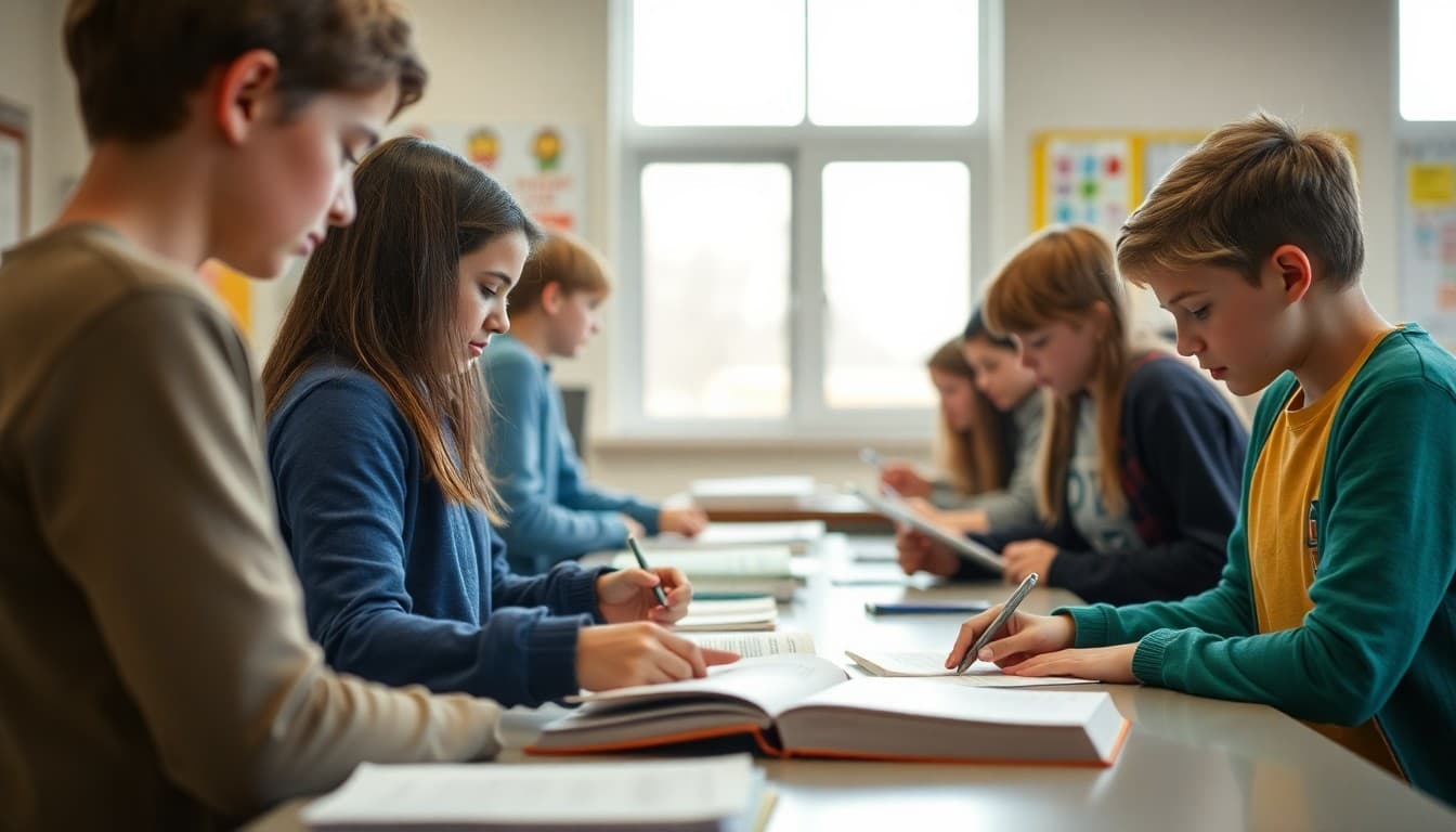 Students submitting creative writing to school literary magazine at a classroom collection table