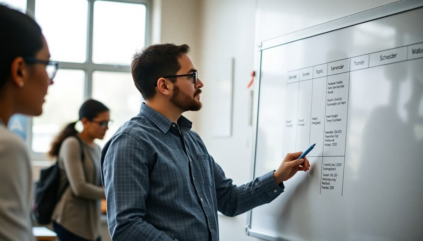 AP Chemistry teacher at a whiteboard planning newsletter topics with semester calendar