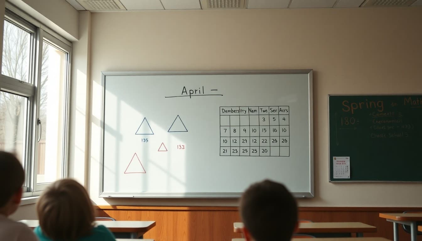 Classroom whiteboard showing April math lesson with geometry shapes and a spring calendar