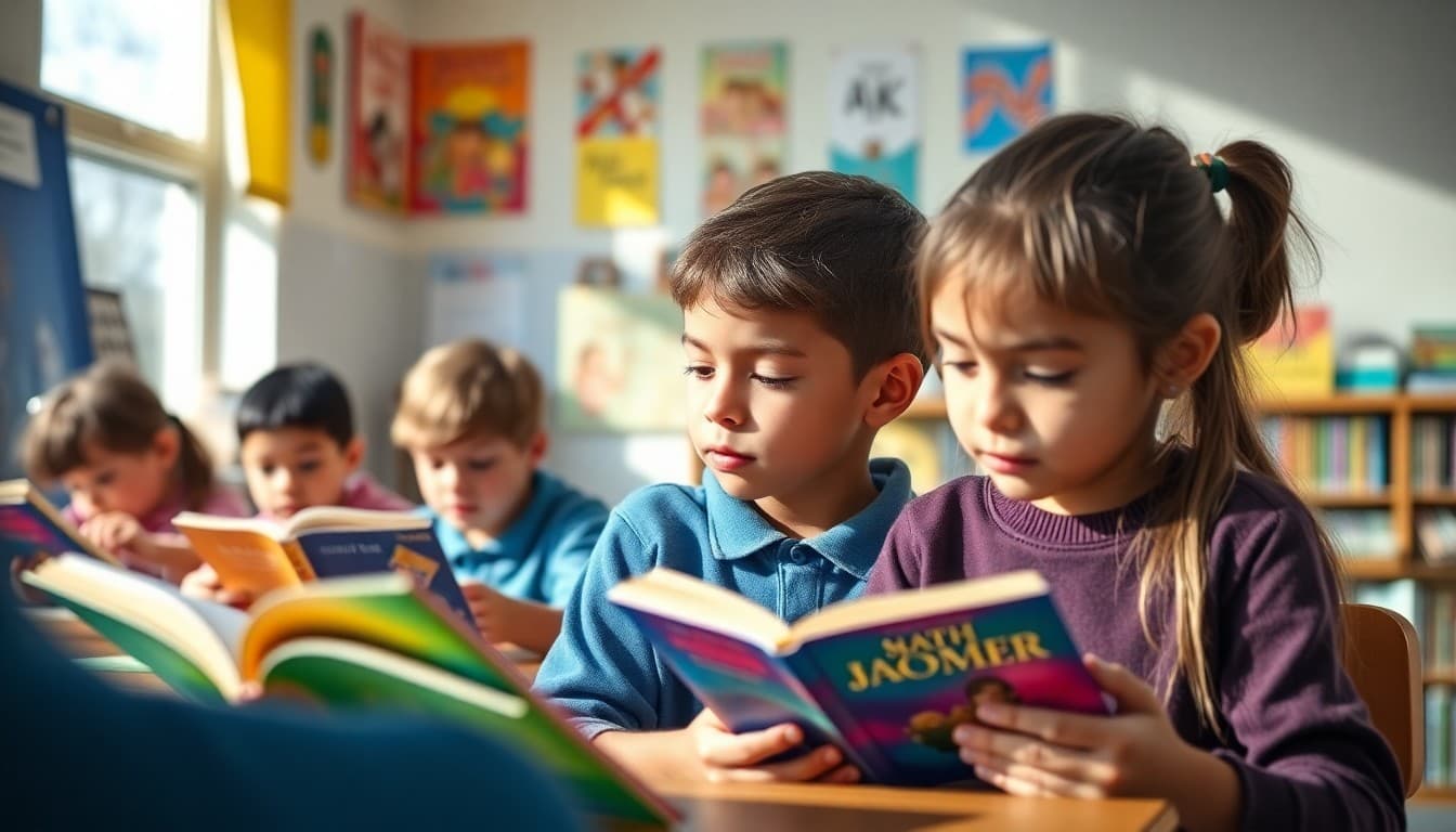 Students reading independently in a sunny April classroom with book displays in the background