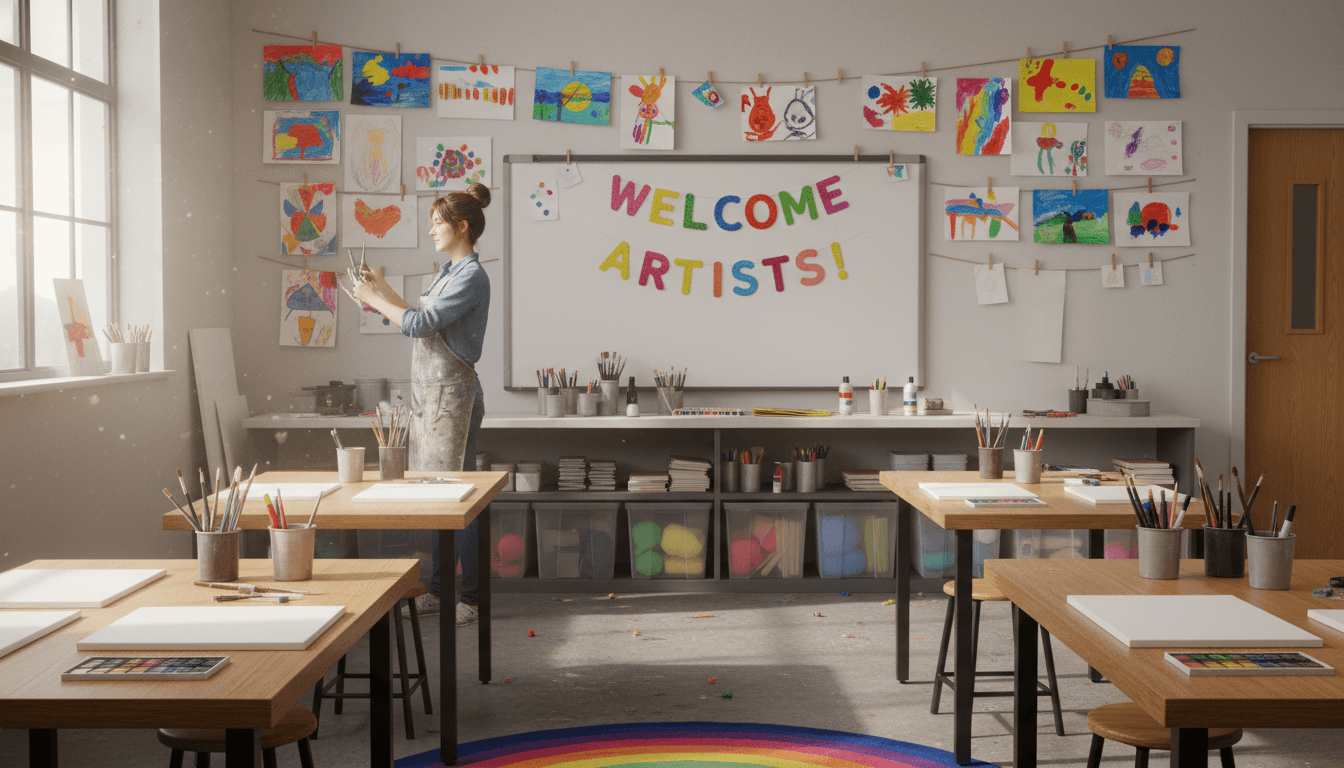 Art teacher arranging fresh art supplies and hanging colorful student artwork in a bright studio classroom ready for the new school year