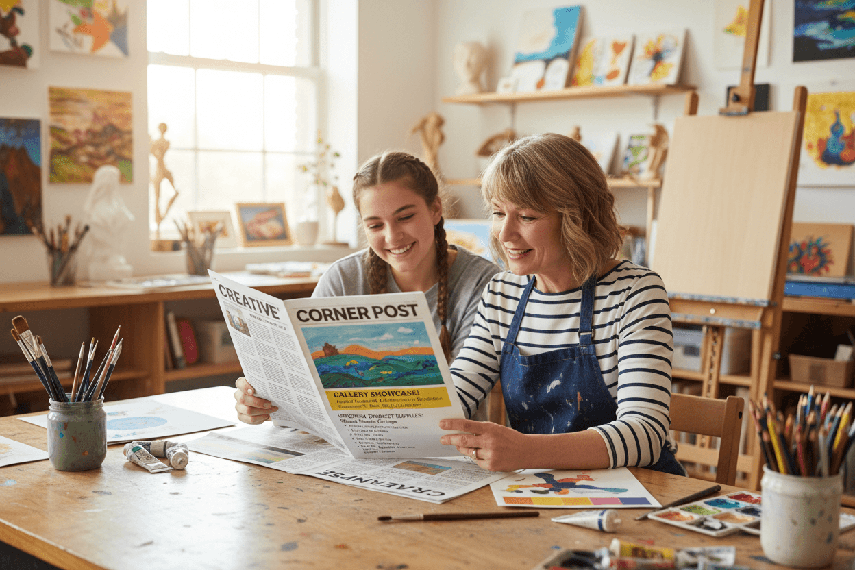 Art teacher reviewing printed newsletter samples featuring student artwork on the cover and clear project descriptions inside