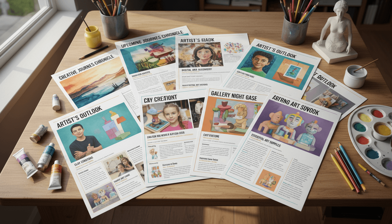 Multiple art classroom newsletter examples with gallery images of student work displayed alongside curriculum updates and upcoming project descriptions
