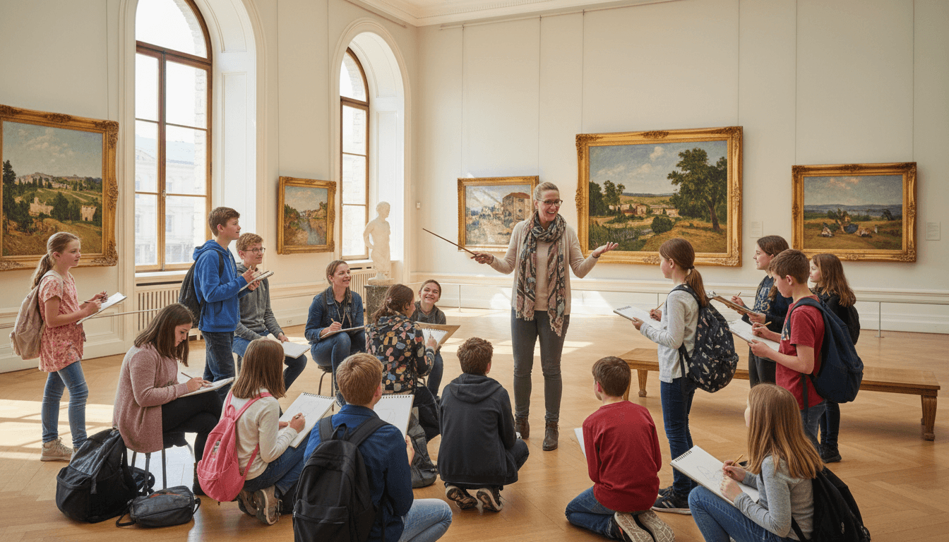 Students on an art museum field trip sketching artworks in their sketchbooks, engaged and inspired in a gallery setting