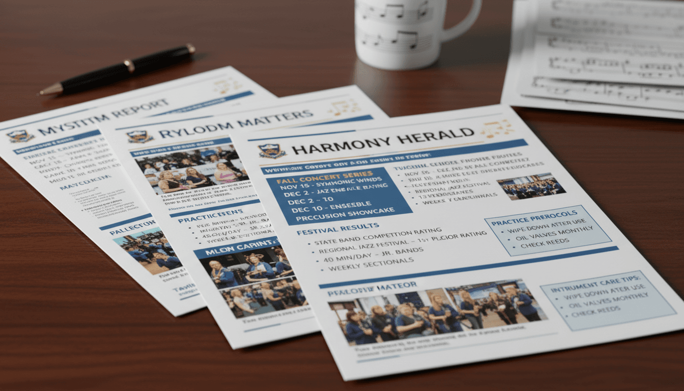 Multiple band program newsletters showing concert schedules, audition announcements, festival results, and practice tips for families