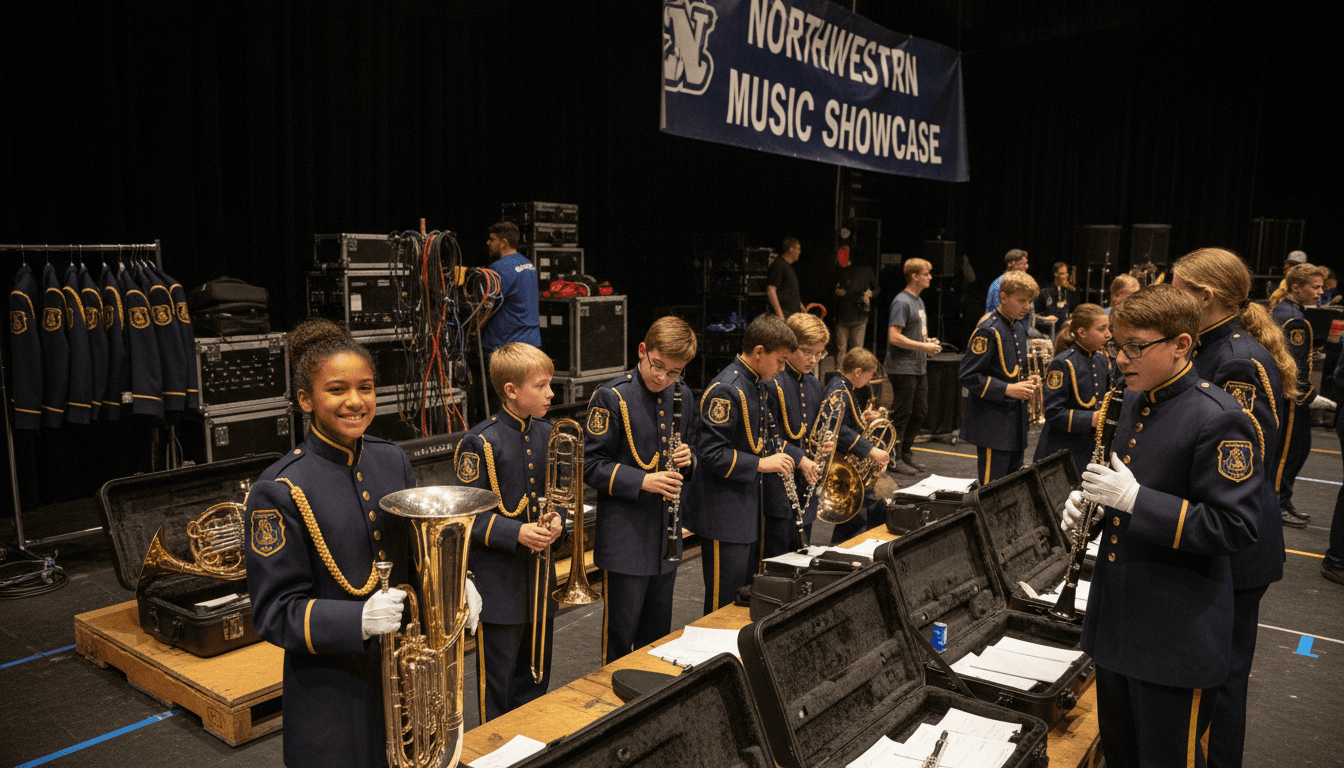 School band students at a music festival or competition with instrument cases and school uniforms, excited and proud