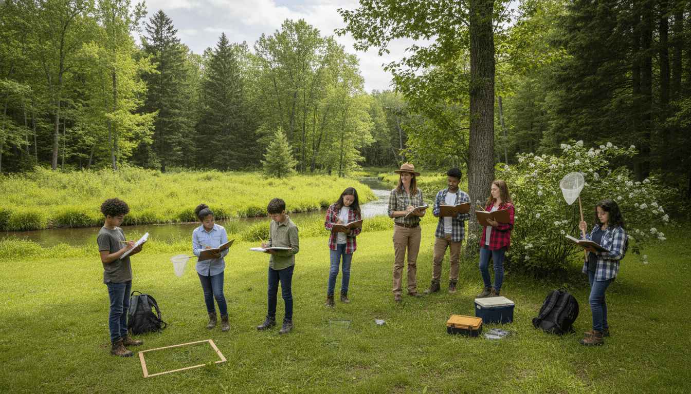 Students on a biology field trip at a nature preserve or science center collecting specimens and observing ecosystems