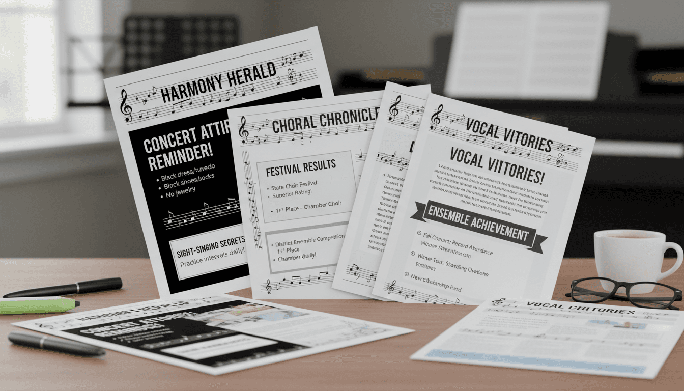 Several choir program newsletters showing concert announcements, festival results, attire reminders, and vocal health tips for families