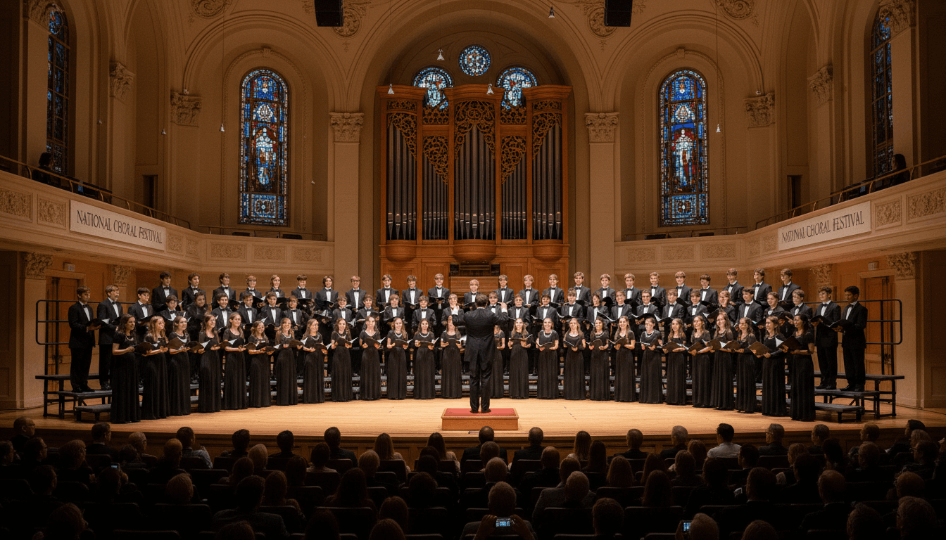School choir students in matching concert attire at a choral festival event, preparing to perform in a large auditorium
