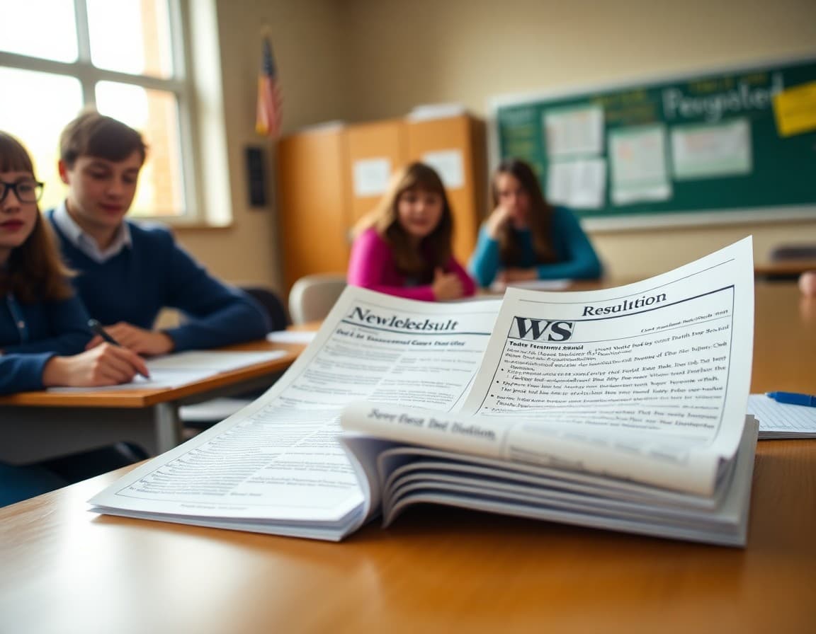 Debate newsletter examples showing tournament results and upcoming resolution details on a desk
