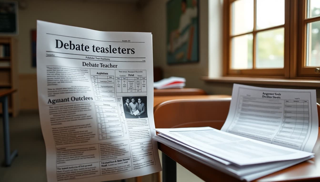 Printed debate teacher newsletters next to tournament brackets and argument outline sheets