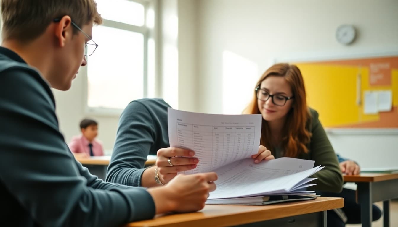 Drama teacher reviewing student performance assessment scores on a grade sheet at a theater classroom desk