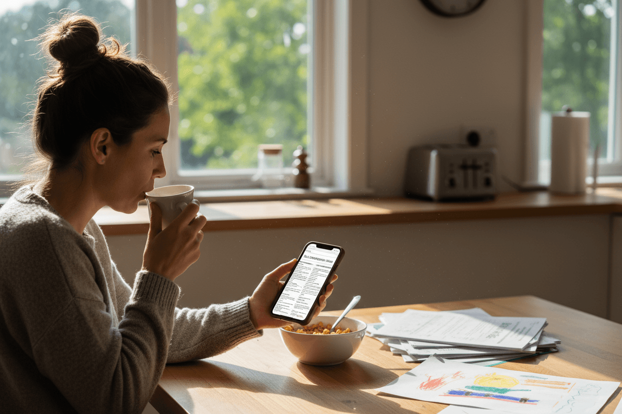 Parent reading well-designed ELA newsletter on phone at home