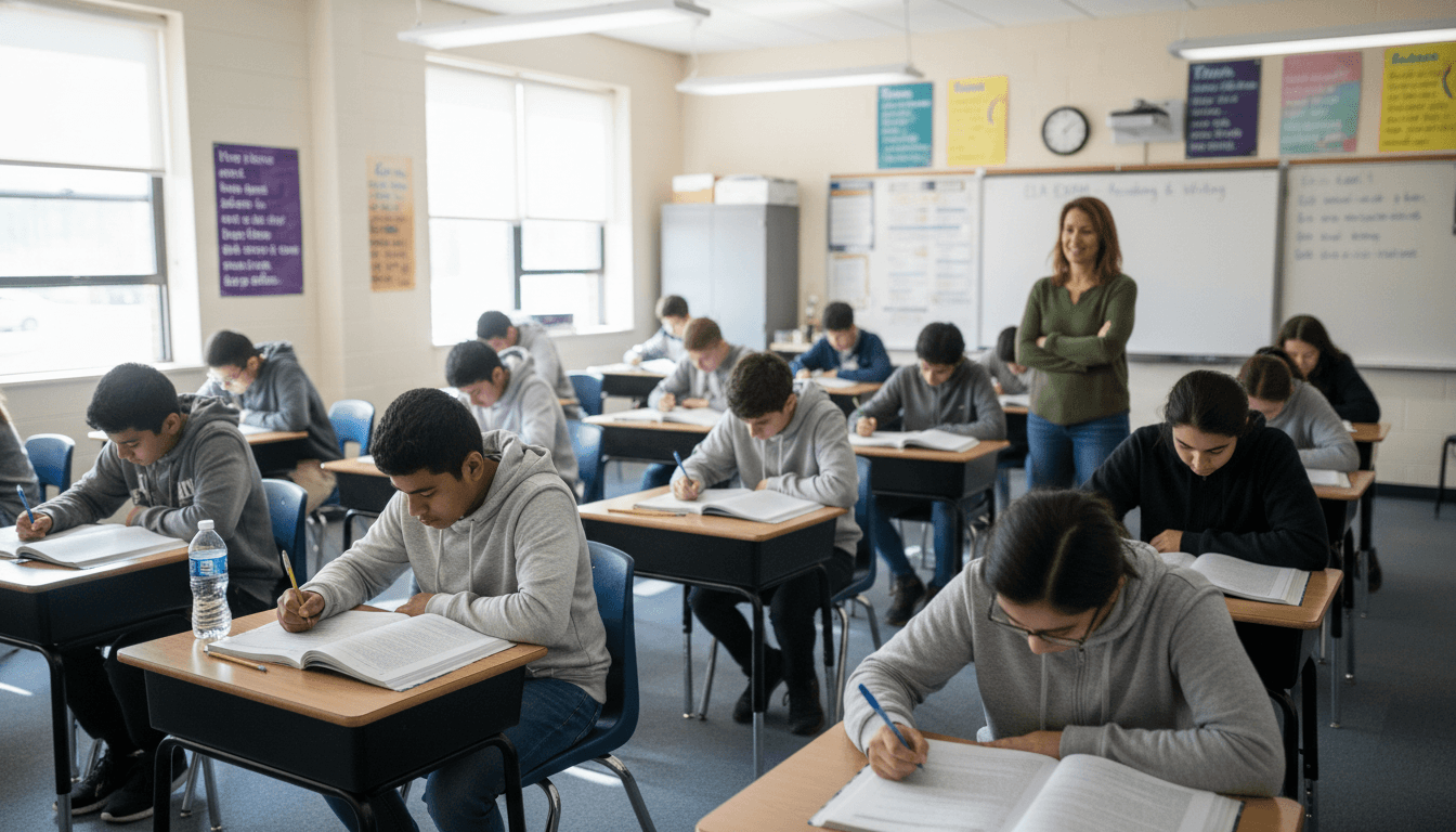 ELA teacher reviewing reading comprehension strategies with students, classroom setting