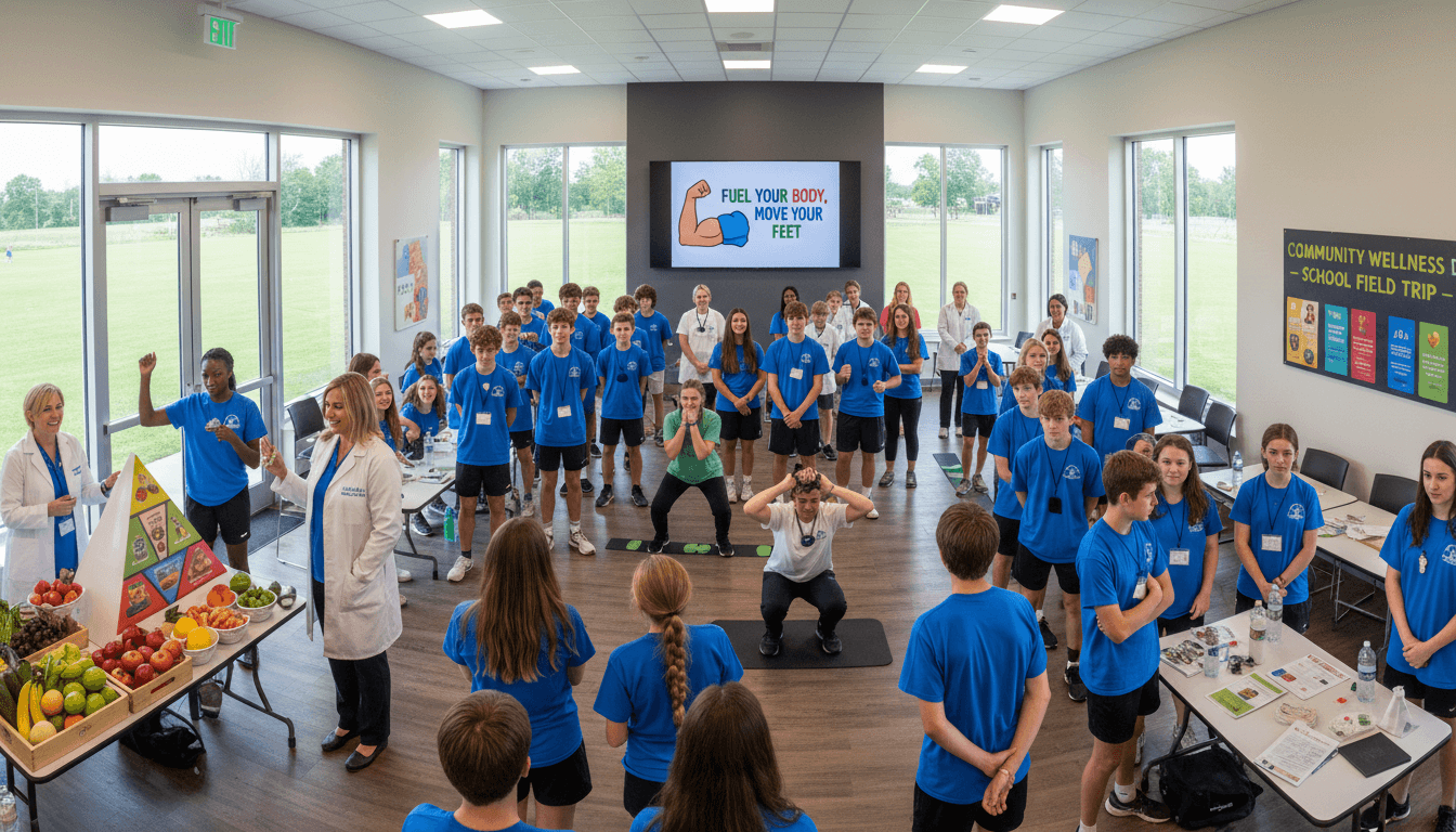 Students on a health class field trip visiting a wellness center or hospital health education program, learning about nutrition and fitness