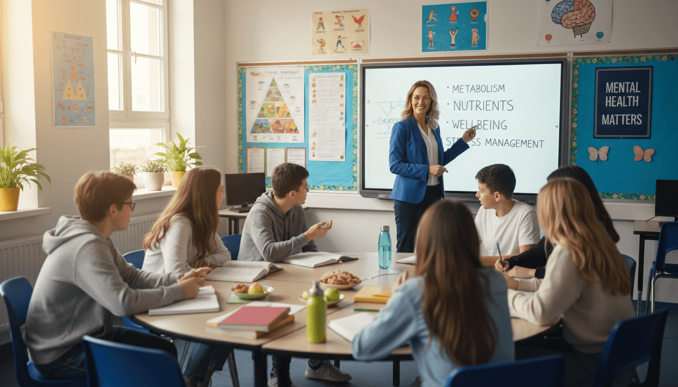 Health teacher reviewing exam vocabulary and health concepts with students in a health classroom before a unit assessment