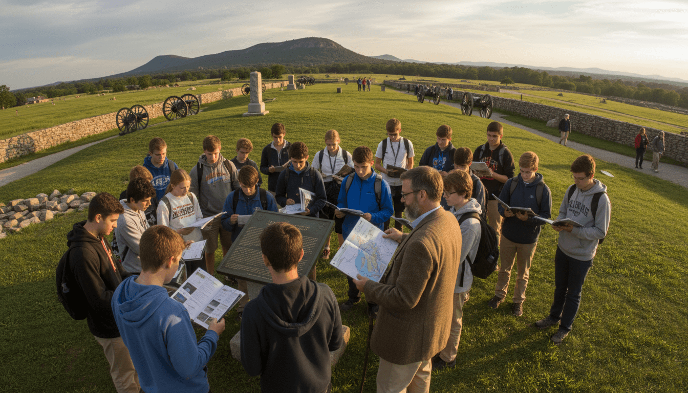 Students on a history field trip at a national monument, battleground, or history museum examining exhibits with learning guides