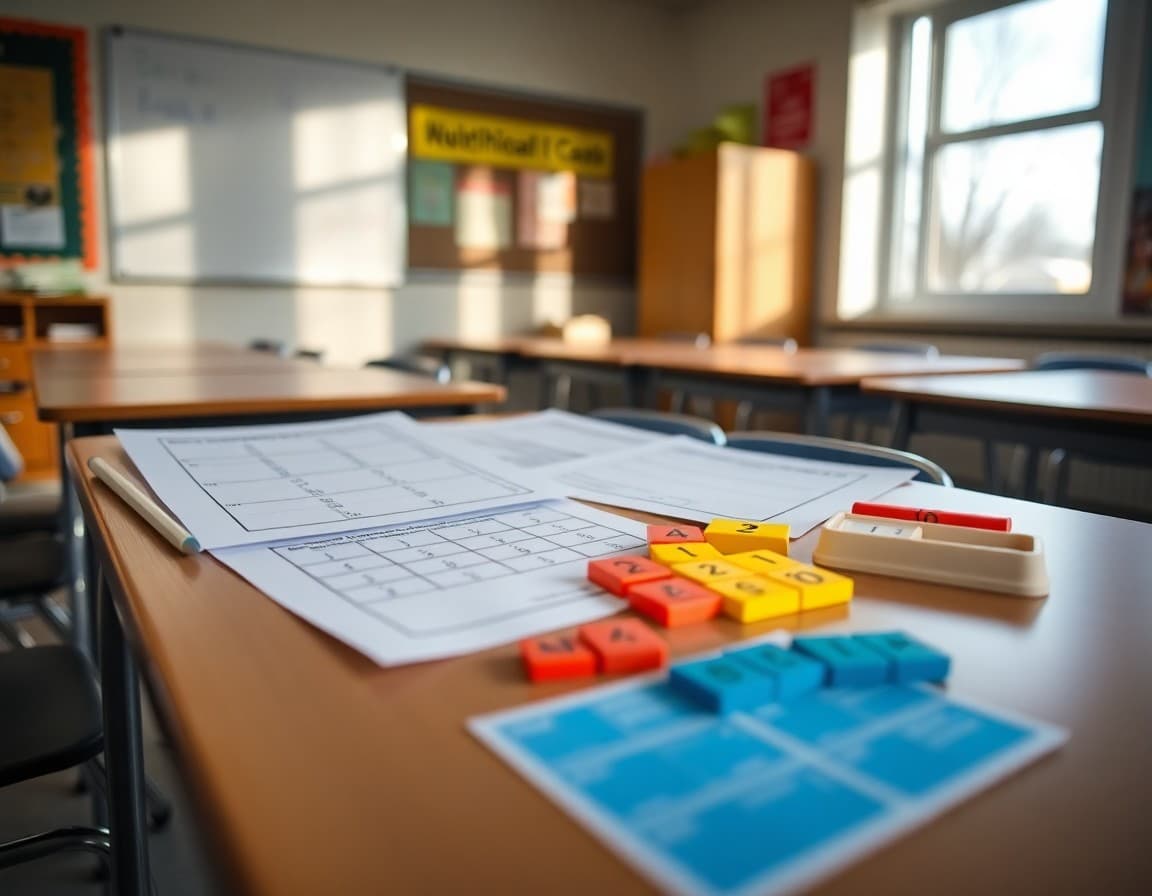 Math worksheets and fraction tiles on a January classroom desk