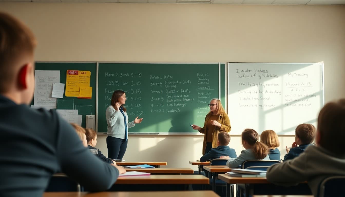 Teacher welcoming students back to math class in January with fresh lesson plans on the board
