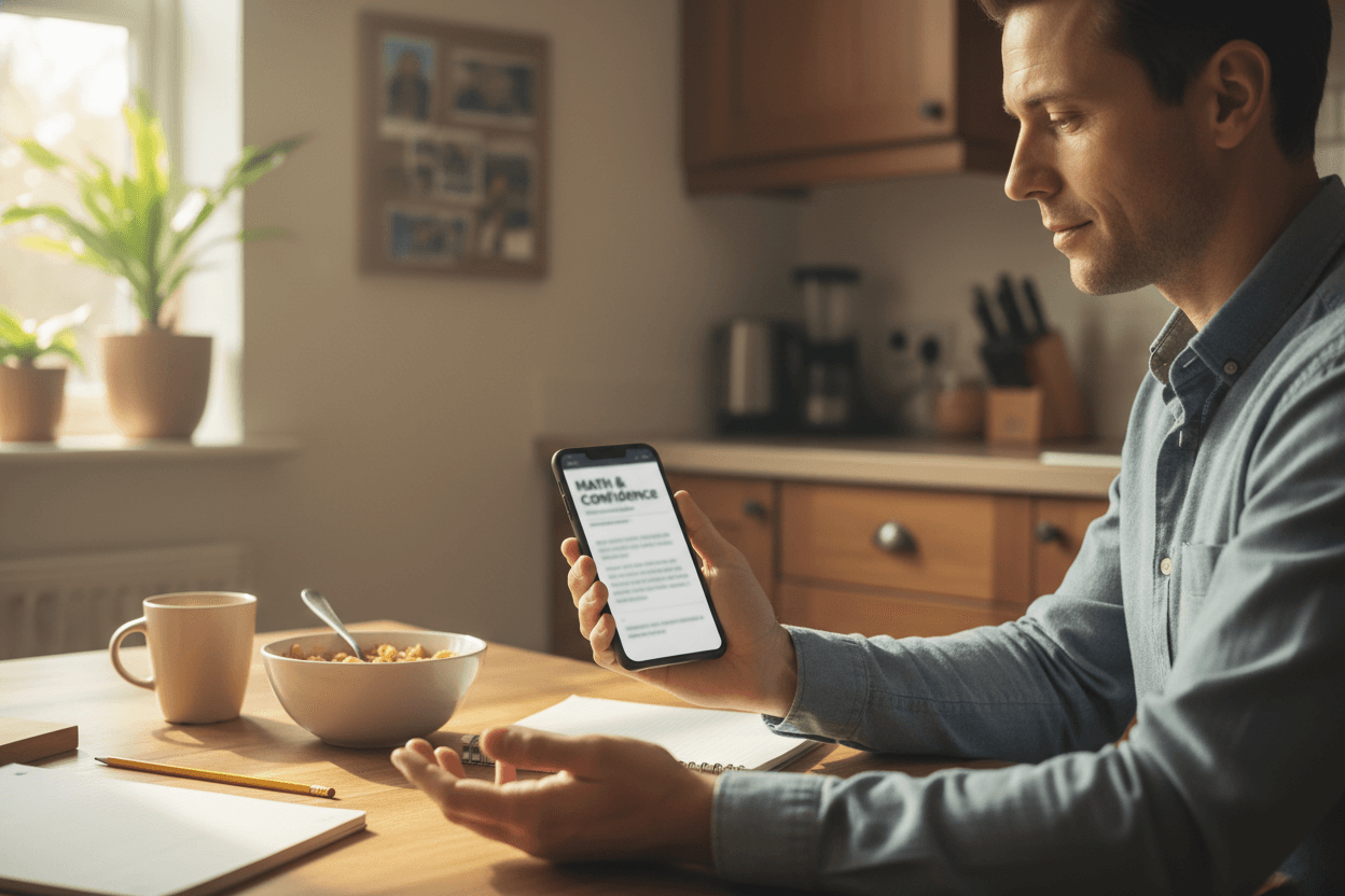 Parent reading math anxiety newsletter on phone at home