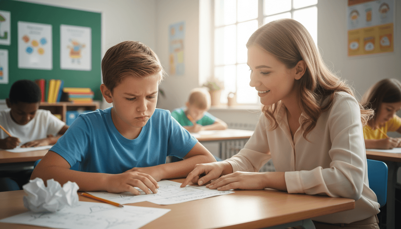 Math teacher talking with student about math challenges, supportive classroom setting