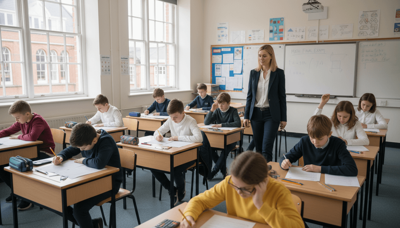 Math teacher at whiteboard reviewing state test prep problems, classroom setting