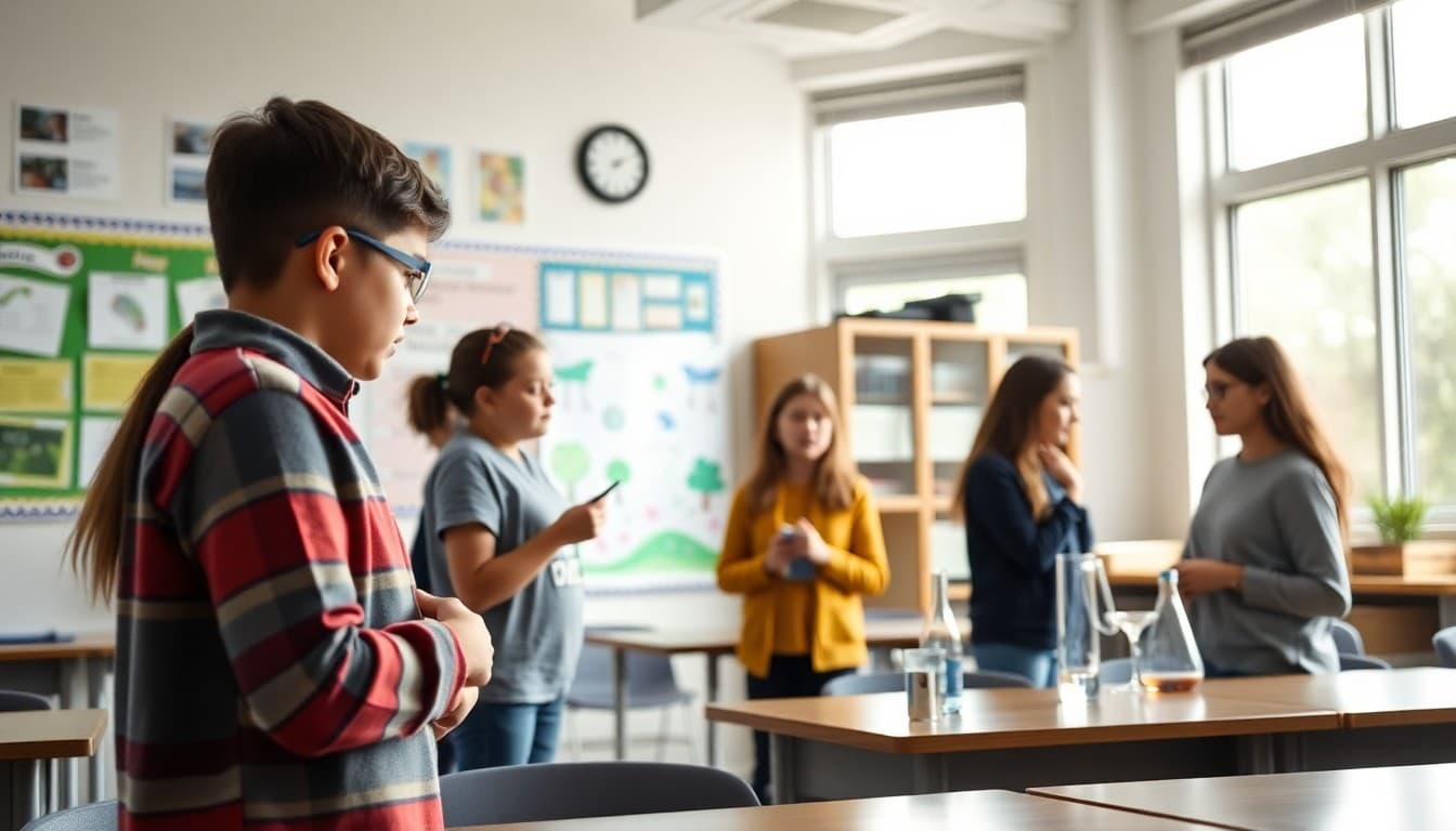 Students presenting final science projects in May classroom with year-long work displayed on walls