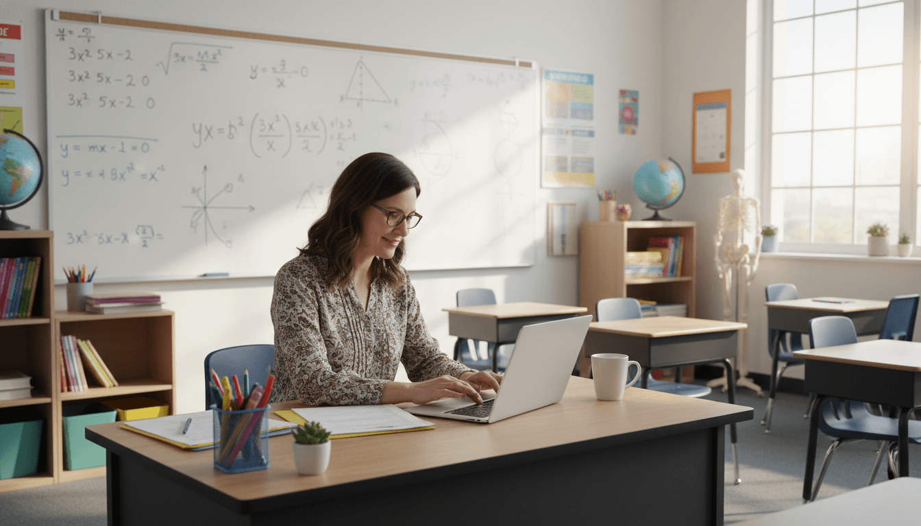 Middle school math teacher at whiteboard with algebra equations, classroom setting