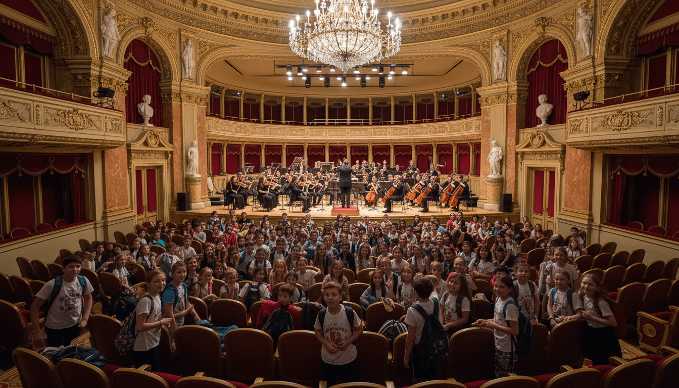 Students attending a symphony orchestra or live music performance on a school field trip, excited audience in a concert hall