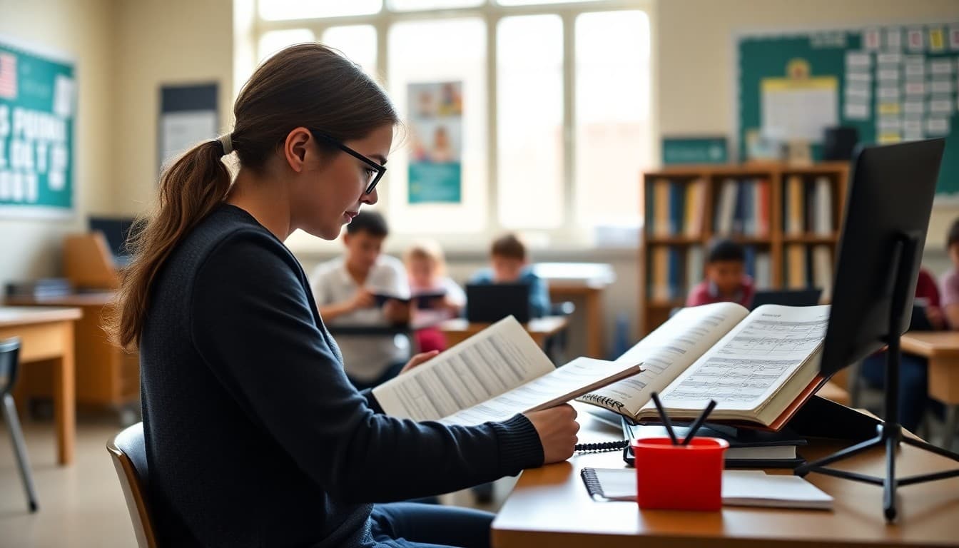 Music teacher reviewing student performance rubric scores and practice records at desk to prepare family communication