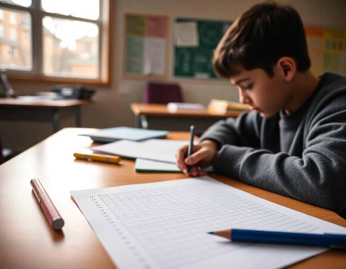 Math homework and graph paper on a student desk in late fall