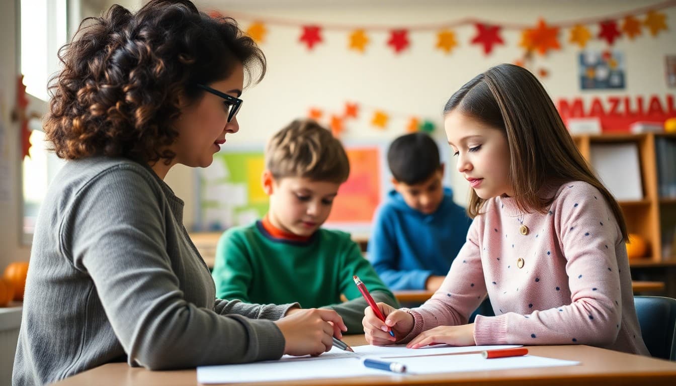 Teacher reviewing math student work in November with fall decorations in classroom background