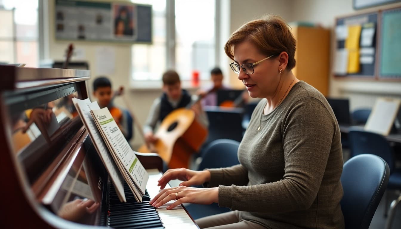 Orchestra teacher planning newsletter topics at a piano with concert program and calendar