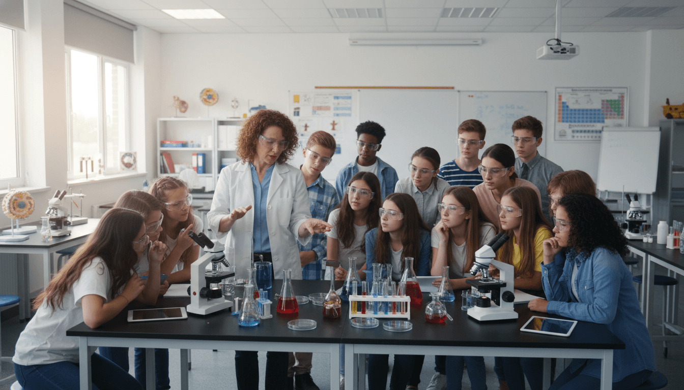 Science teacher explaining first unit concepts at lab bench, classroom setting