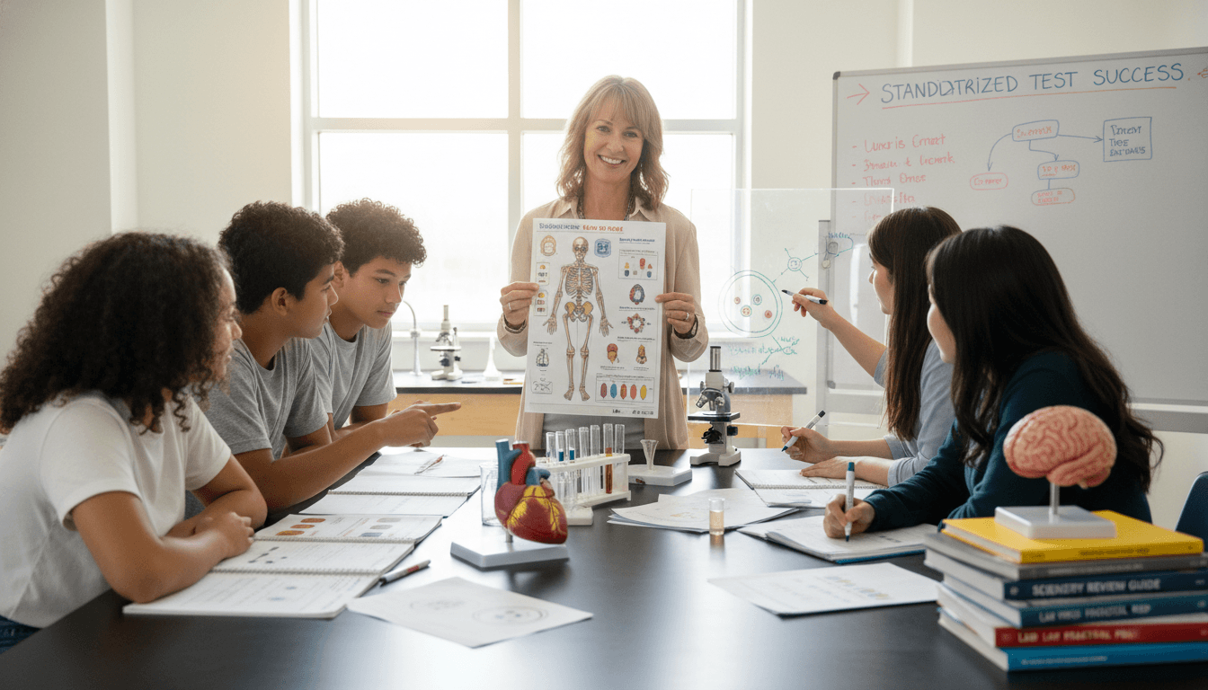 Science teacher reviewing test prep materials with students in a lab classroom surrounded by science equipment