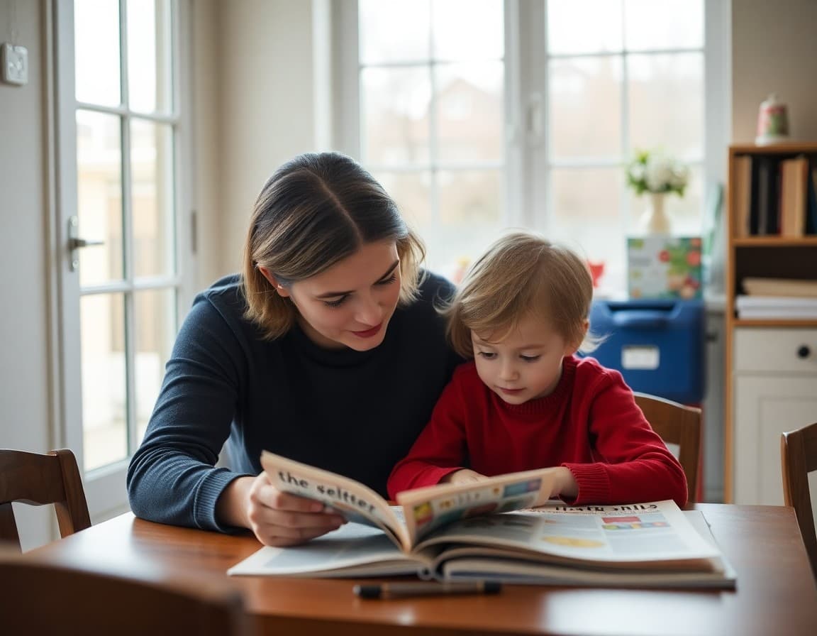 Parent and child reading together at home with a school newsletter visible on the table