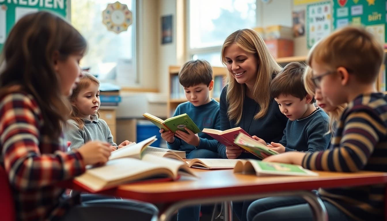 Reading teacher sitting with small group of students looking at books in a September classroom