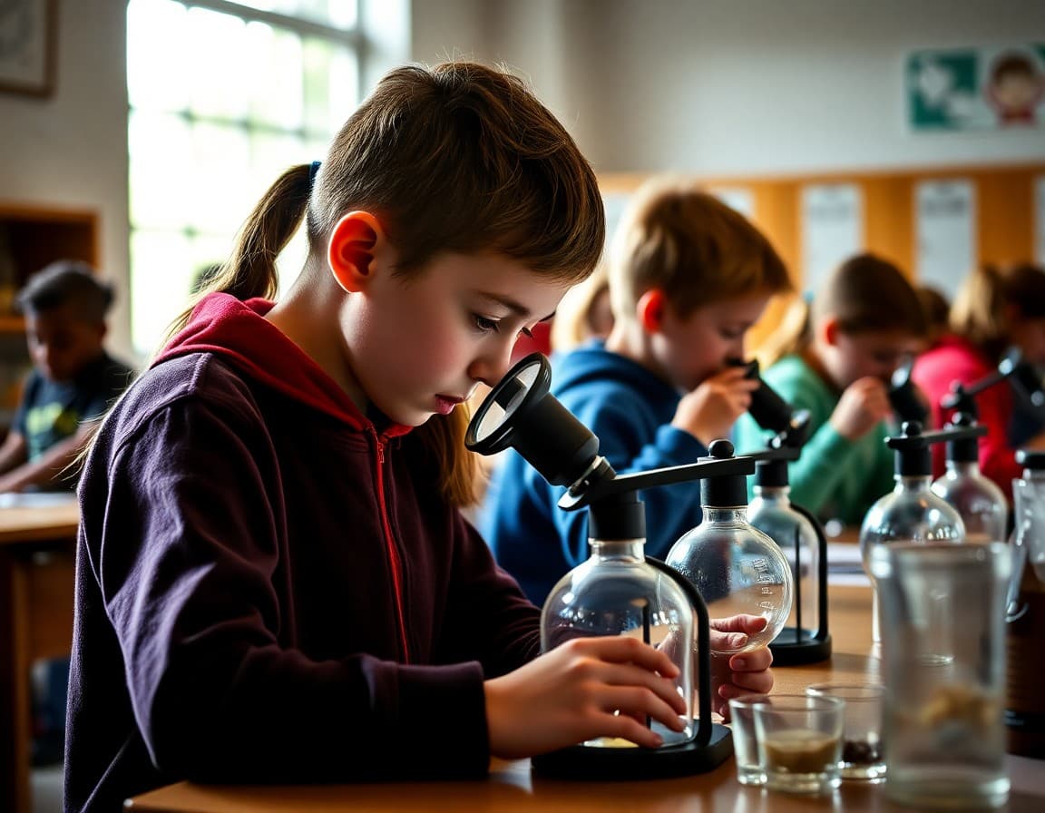Students using magnifying glasses to observe specimens during a September science lab