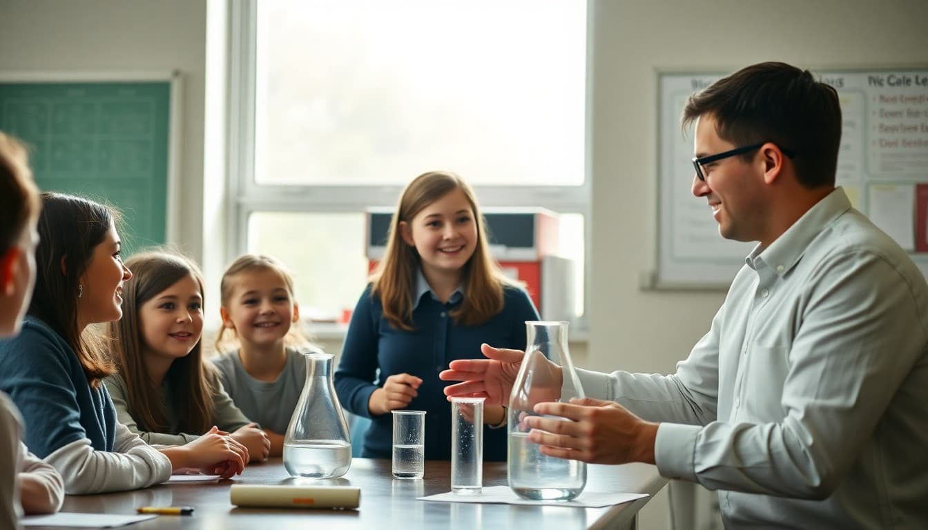 Science teacher demonstrating a hands-on experiment to excited students at the start of the school year
