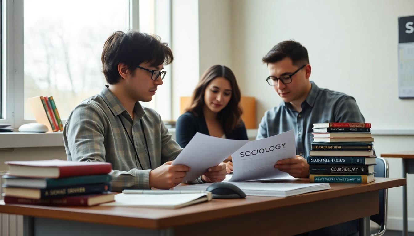 Sociology teacher planning newsletter topics beside a course syllabus and social theory books