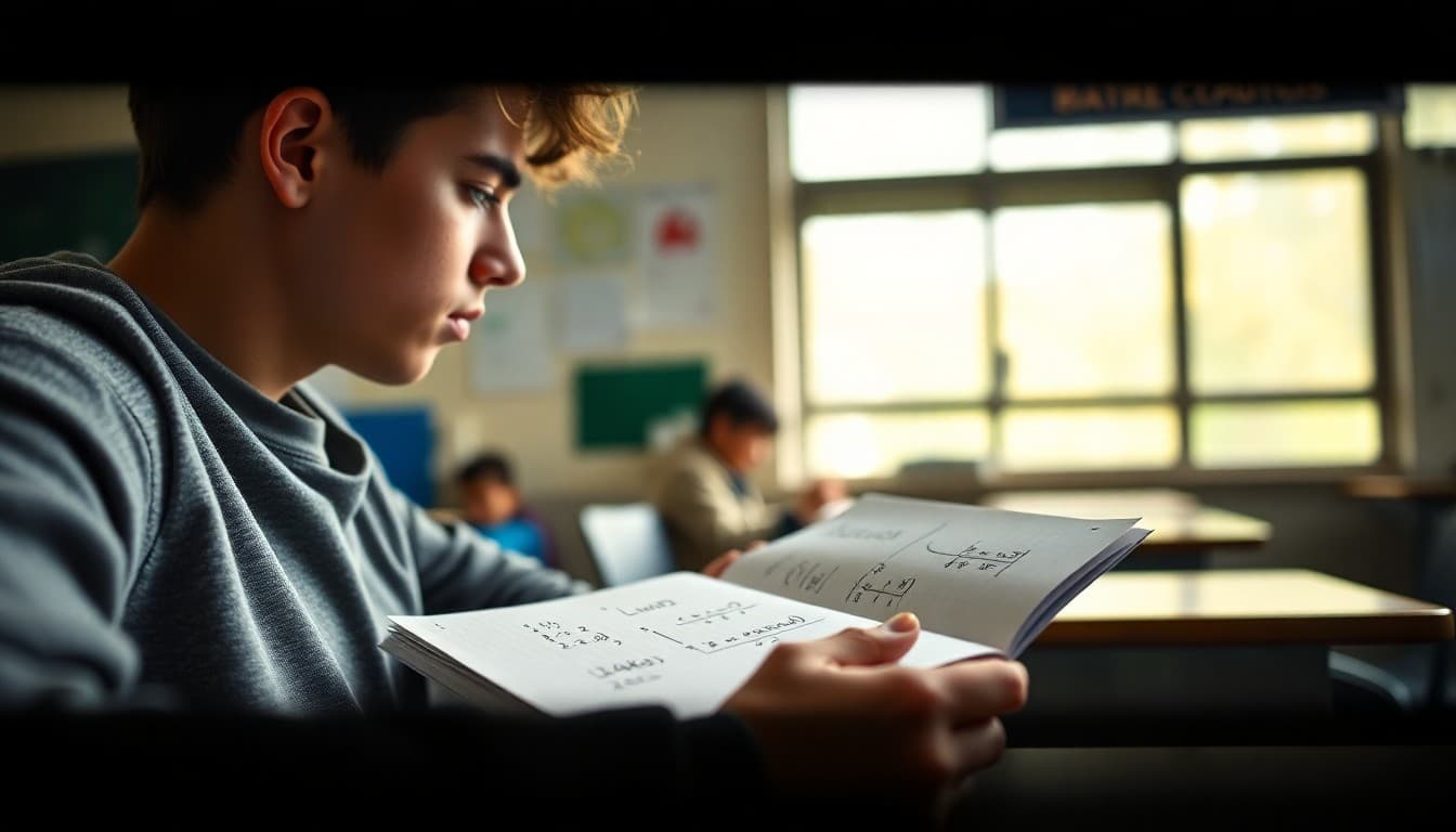 Student working through calculus problems with limits and derivatives visible on notebook pages