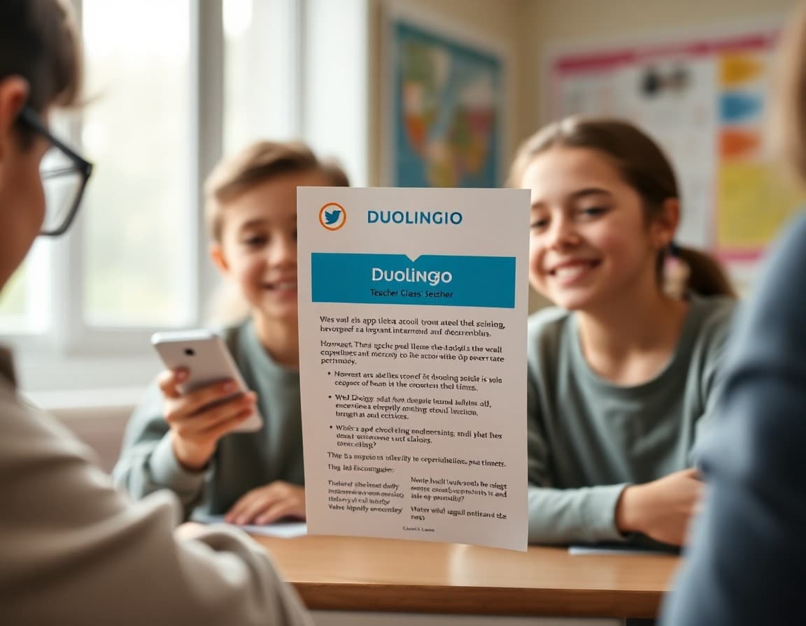 Duolingo in class teacher newsletter explaining app use, homework expectations, limitations, and family encouragement strategies