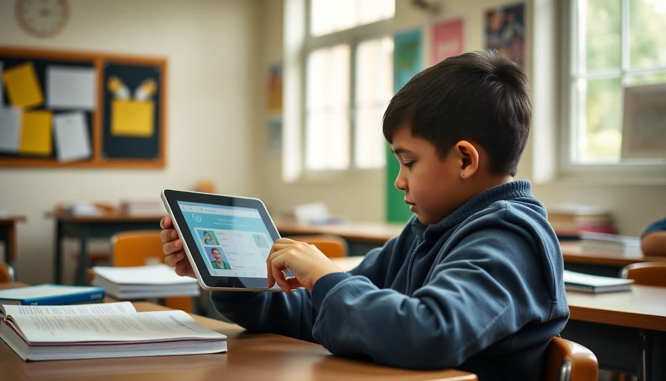 Student using language learning app on tablet in classroom setting alongside traditional textbook materials