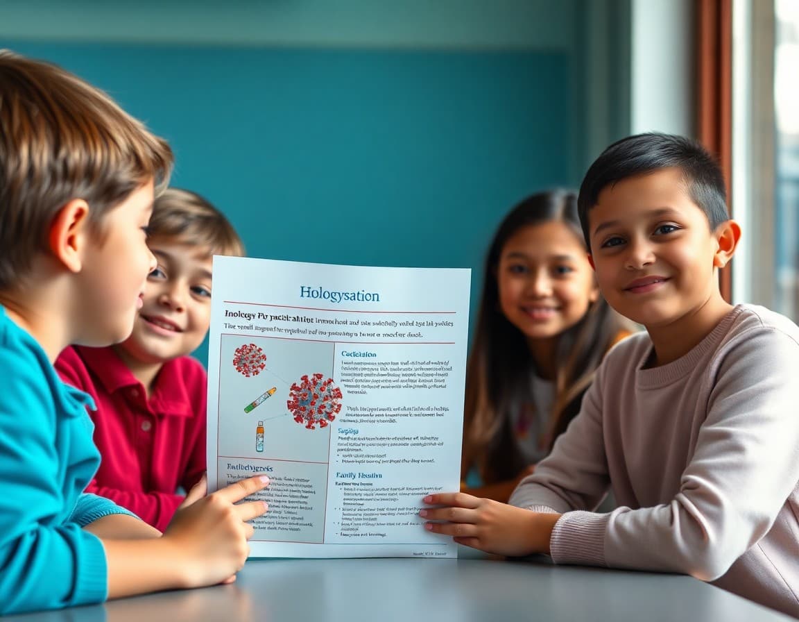 Biology newsletter showing immune system overview with vaccination section and family health connection